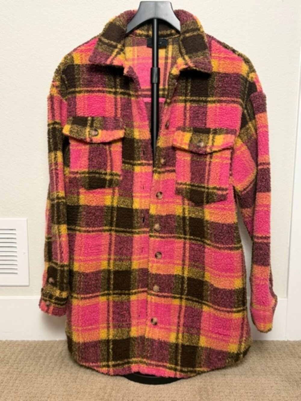 VICI Pink Plaid Teddy Sherpa Shacket Jacket Size Small Fall